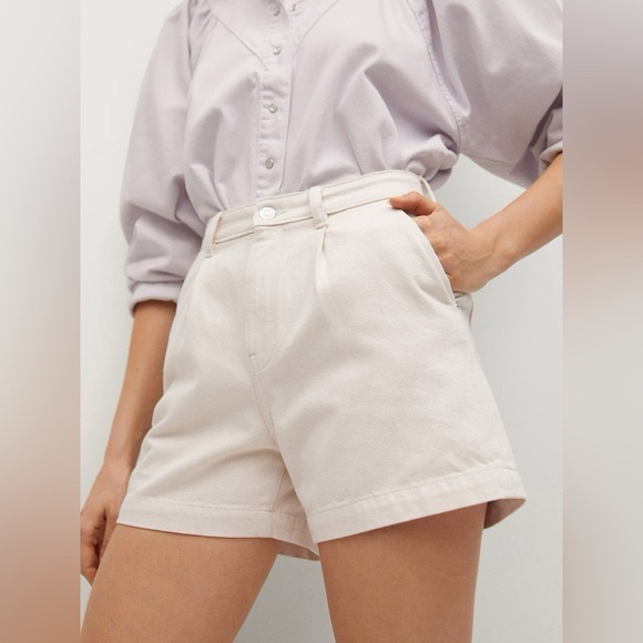MANGO Regina Pleat Front High Rise Cotton Denim Short Cream - Picture 2 of 15